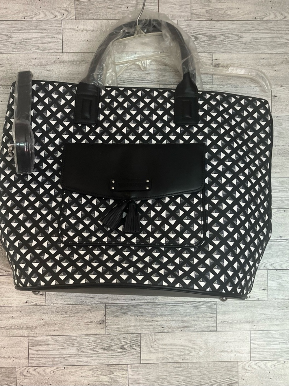 NWT Vera Bradley Black White Geometric Quilted Tote with Tassel Accent